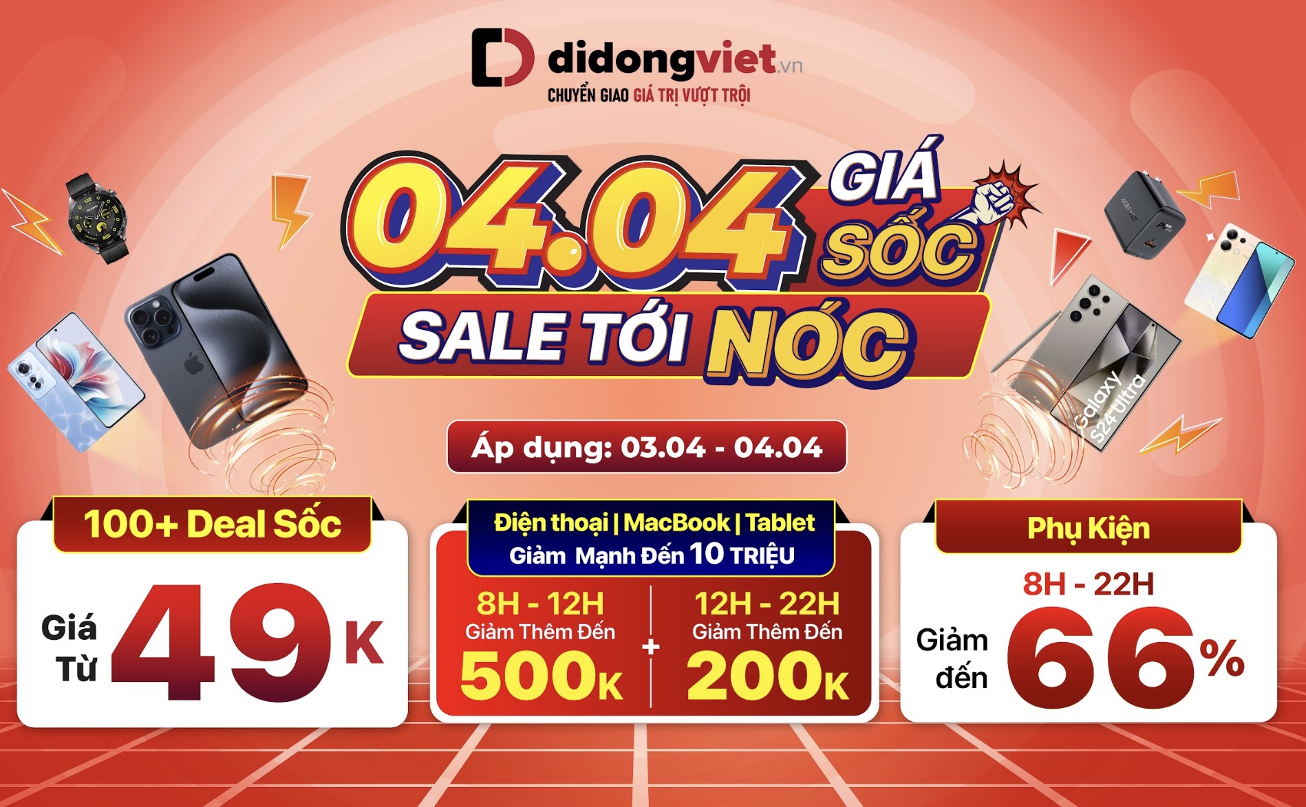 Tại Di Động Việt, phụ kiện từ 49 nghìn đồng, điện thoại giảm đến hơn 10 triệu đồng, giảm thêm đến 500 nghìn đồng trên giá đã giảm dịp sale 4/4.