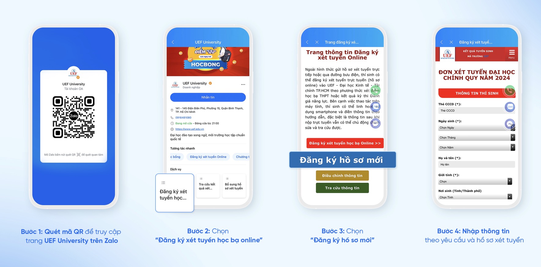 Các bước truy cập trang Official Account của UEF University và nộp hồ sơ xét tuyển online.