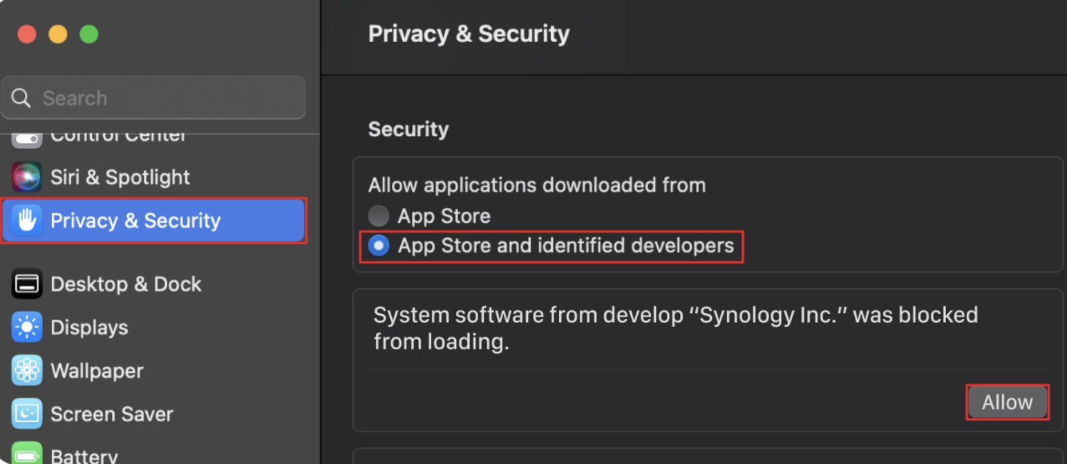 Truy cập tới System Settings > Security & Privacy và cuộn xuống phần Security. Chọn App Store and identified developers.
