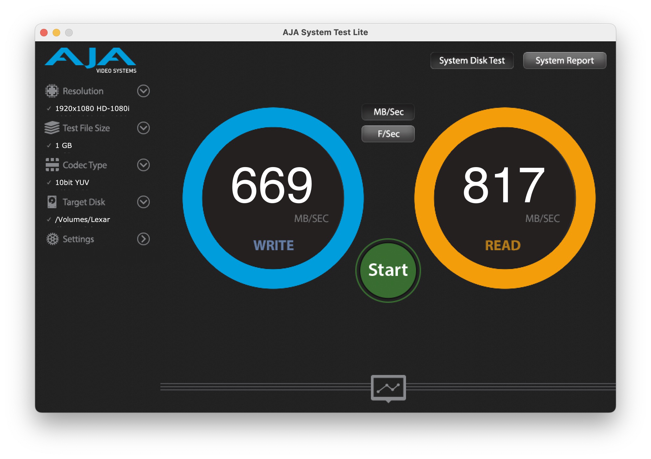 Kết quả thử tốc độ ổ SSD với ứng dụng AJA System Test trên MacBook Air M1.