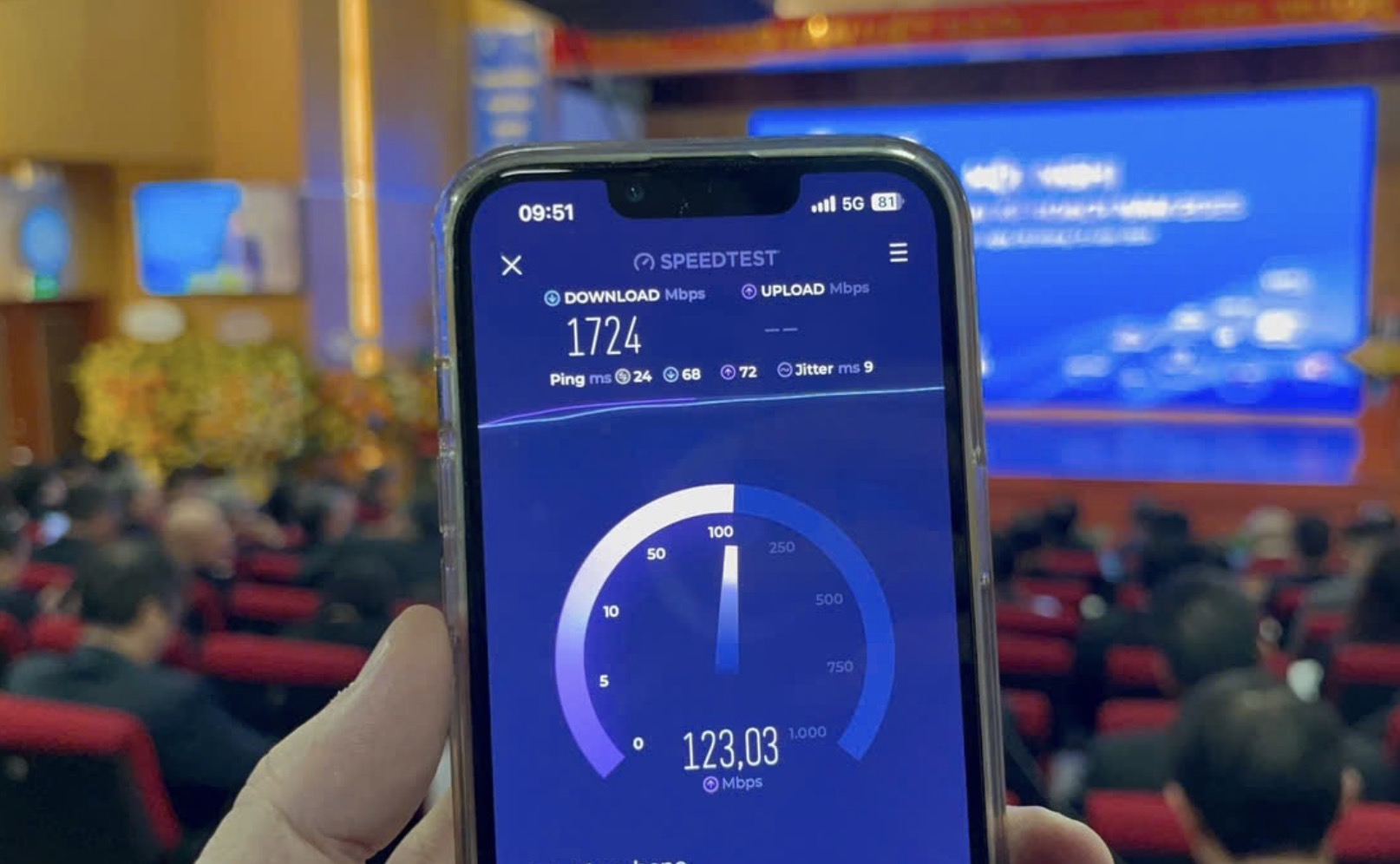 Tốc độ VinaPhone 5G đo được tại lễ công bố chính thức cung cấp dịch vụ.