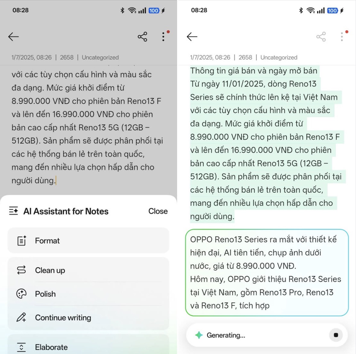 AI Note Organizer, một tính năng khác của Reno13 Series