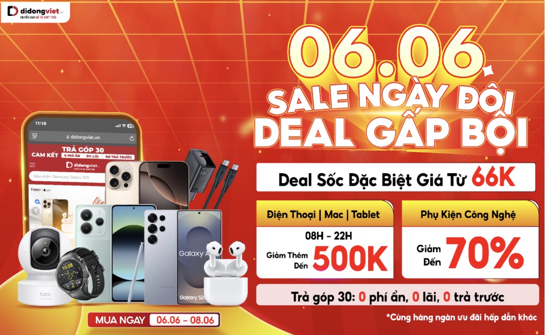 Di Động Việt giảm giá mạnh dịp 6/6: iPhone 16 Pro Max rẻ hơn 5 triệu, phụ kiện từ 66.000 đồng