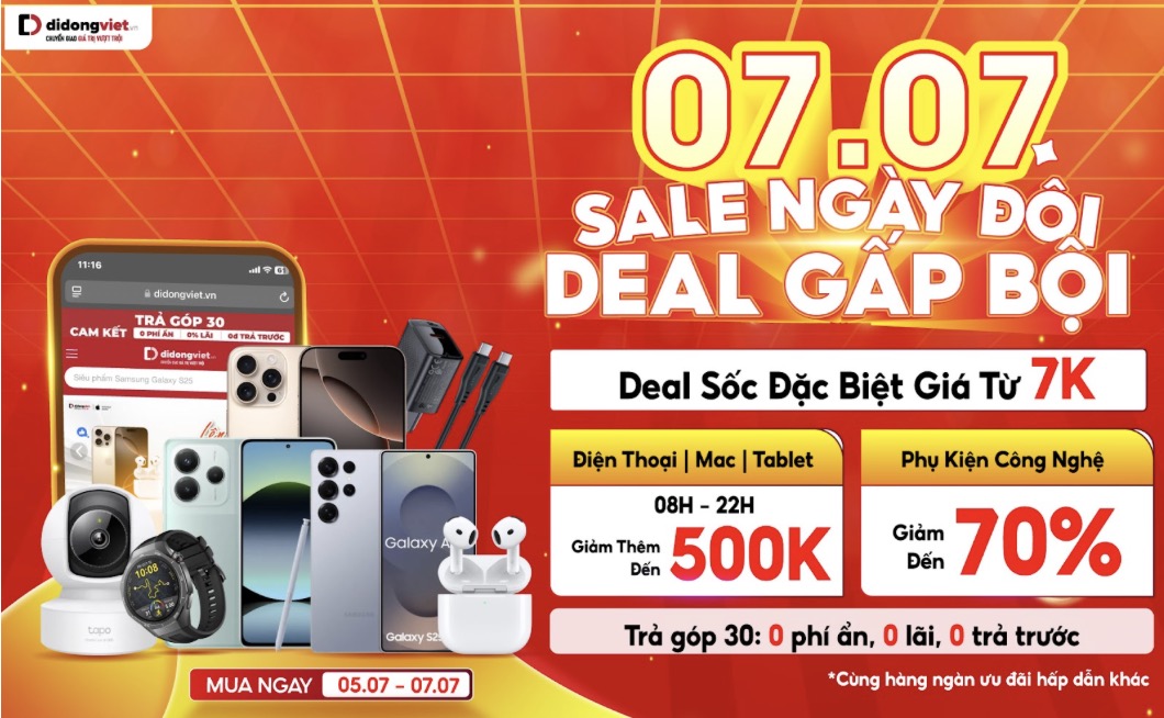 Di Động Việt tung đại tiệc giảm giá 7/7: Hàng công nghệ từ 7.000 đồng, ưu đãi đến 500.000 đồng