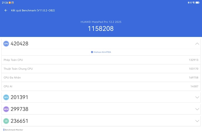 Kết quả benchmark với Antutu Benchmark.