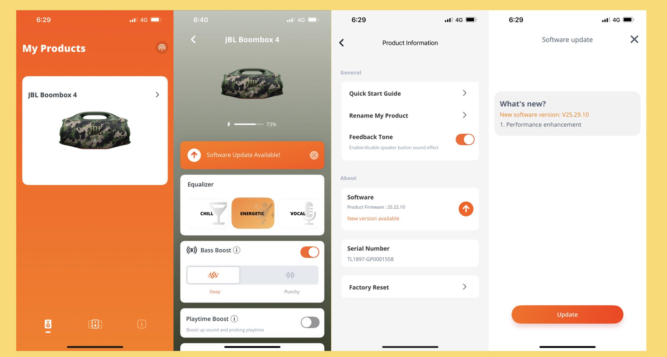 Ứng dụng JBL Portable là trung tâm điều khiển: EQ tùy chỉnh, cập nhật firmware, kích hoạt Party Mode để sync với loa khác, và kiểm soát đèn LED nhấp nháy đồng bộ nhạc – một chi tiết nhỏ nhưng rất hợp với phong cách ngụy trang.