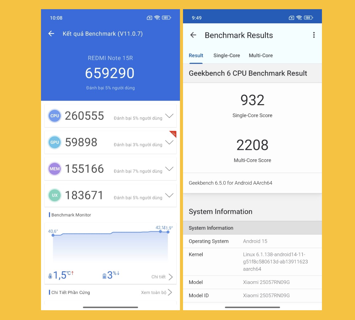 Điểm benchmark thực tế với AnTuTu đạt 659.290 điểm, Geekbench single-core 932, multi-core 2208 – ngang ngửa các máy tầm trung thấp như Moto G56 hay Galaxy A17 5G. Chơi game nhẹ như Mobile Legends hay Free Fire ở setting cao ổn định 60fps, nhưng với tựa nặng như Genshin Impact chỉ đạt 30-40fps ở low, kèm nóng máy nhẹ sau 30 phút.