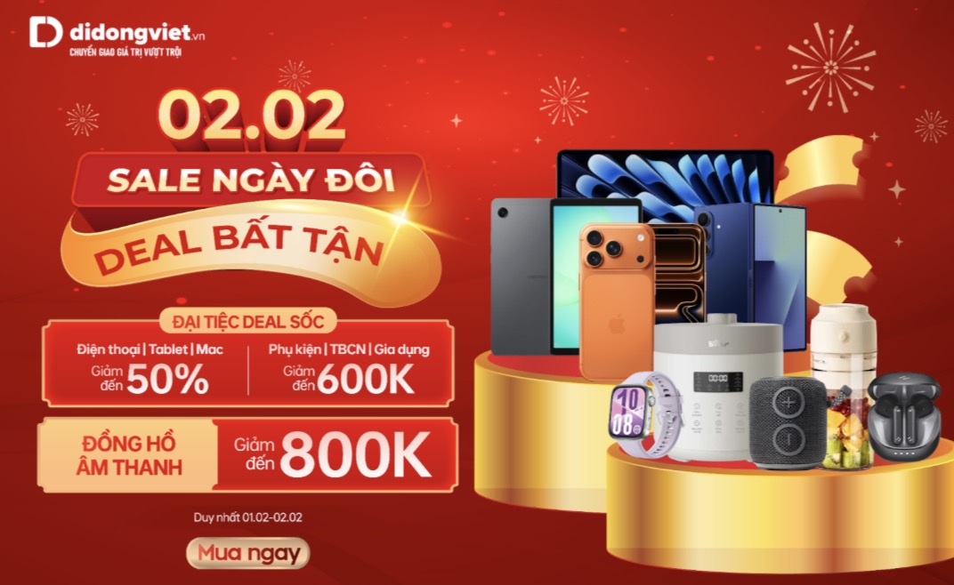 Bên cạnh ưu đãi về giá, Di Động Việt áp dụng chương trình “Trả góp 30” với 0% lãi suất, không phí ẩn và không cần trả trước, giúp người mua dễ dàng sở hữu thiết bị mong muốn mà không tạo áp lực tài chính dịp Tết.