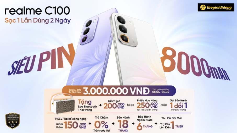realme C100 ra mắt: Smartphone pin 8.000mAh, bền bỉ cho người dùng cường độ cao