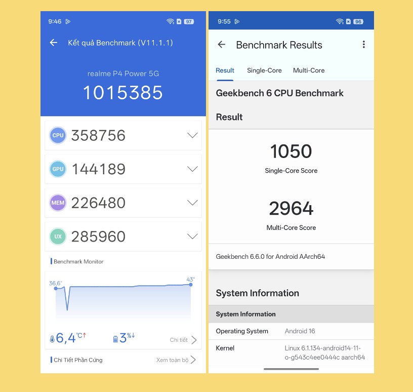 Hiệu năng thực tế đo bằng Antutu Benchmark (trái) và GeekBench 6.
