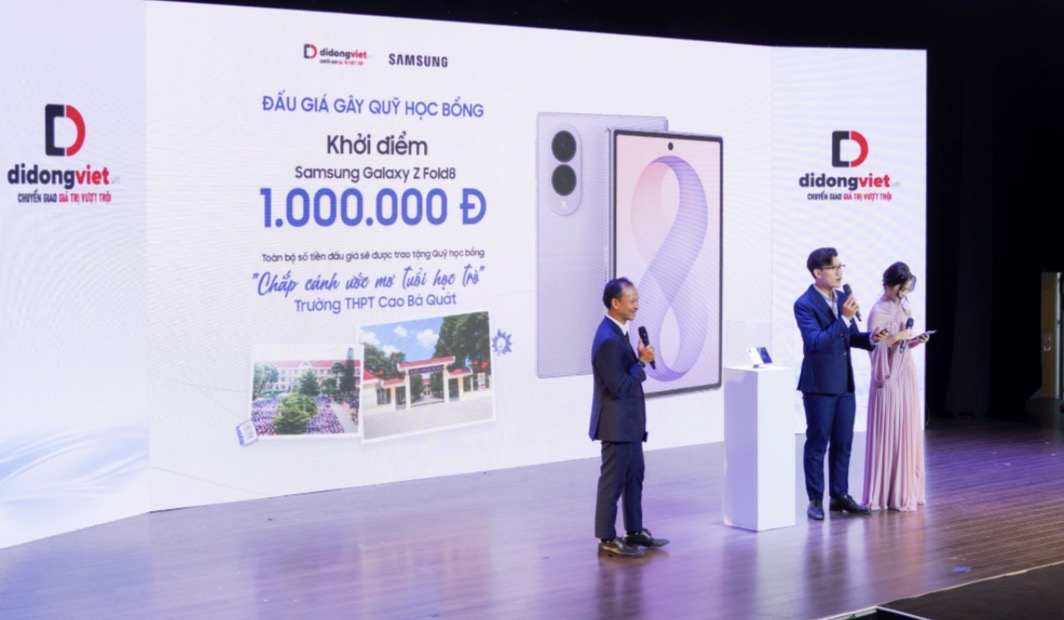 Di Động Việt mở bán Galaxy Z Fold8, Z Flip8 và Z Fold8 Ultra, giao máy ngay trong đêm TechTimes Vietnam Khoản tiền thu được từ hoạt động đấu giá dự kiến được trao tặng Trường THPT Cao Bá Quát, tỉnh Đắk Lắk. Di Động Việt kỳ vọng chương trình sẽ tạo thêm nguồn hỗ trợ thiết thực cho học sinh, đồng thời đưa giá trị của công nghệ gắn với những hoạt động cộng đồng.