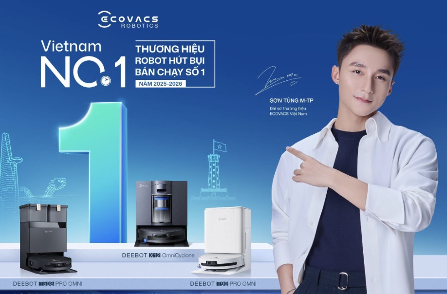ECOVACS dẫn đầu thị trường robot hút bụi tại Việt Nam với 34% thị phần TechTimes Vietnam Dữ liệu: NIQ GfK Vietnam, ngành hàng Robot hút bụi, giai đoạn 12 tháng kết thúc ngày 30/6/2026.