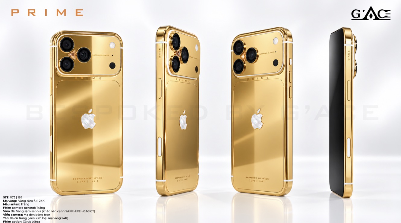 G’ACE ra mắt hệ sinh thái iPhone 18 Pro và Pro Max bespoke giới hạn TechTimes Vietnam G’ACE PRIME là bộ sưu tập chủ lực với số lượng giới hạn 199 thiết bị trên toàn cầu. Điểm nhận diện chính nằm ở cụm camera, nơi G’ACE đặt một viên đá quý hình tam giác đều theo kiểu cắt Custom Trillion-Cut, được gọi là “PRIME ELEMENT”.