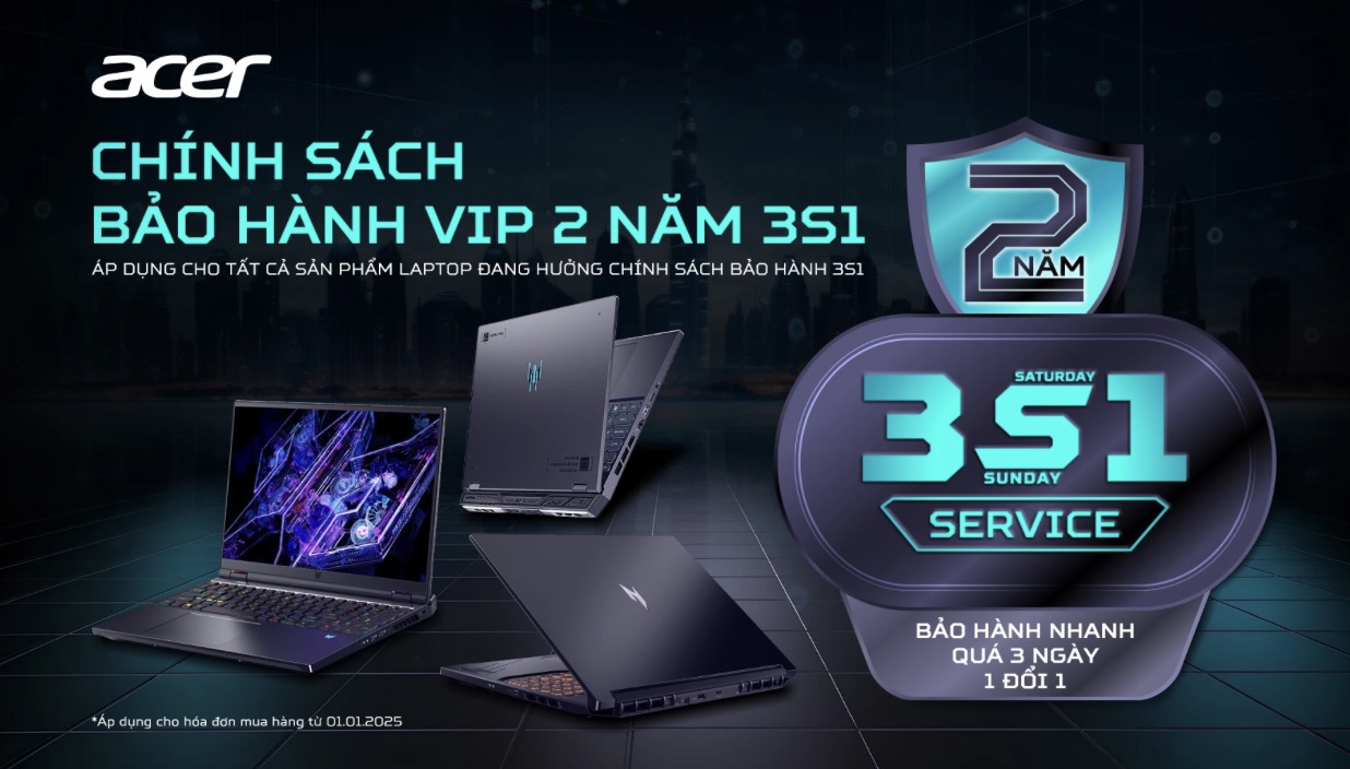 Acer áp dụng chính sách bảo hành VIP 2 năm 3S1 cho các dòng laptop đủ điều kiện.