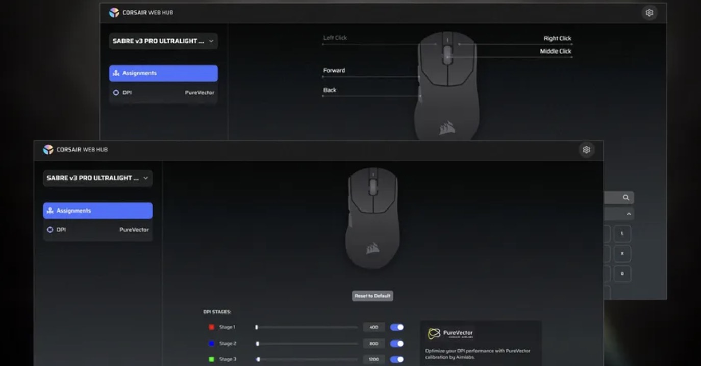 Đánh giá CORSAIR SABRE V3 PRO UltraLight Wireless: Chuột gaming 37g và tham vọng nâng tầm độ chính xác TechTimes Vietnam Sản phẩm hỗ trợ CORSAIR Web Hub, công cụ cho phép tùy chỉnh các thông số chuột trực tiếp trên trình duyệt mà không bắt buộc cài đặt một bộ phần mềm quản lý riêng trên máy tính.